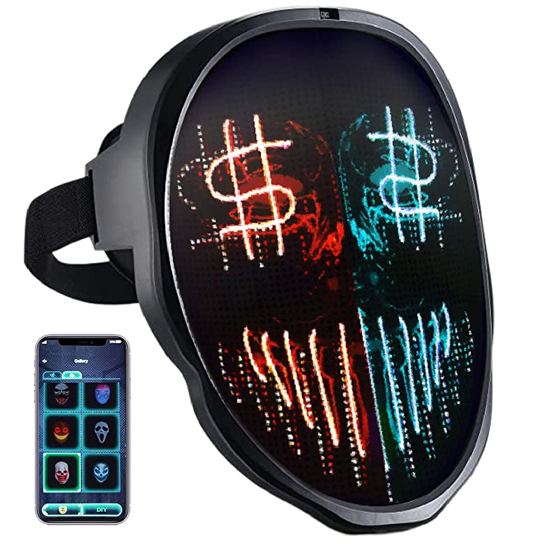 Led Mask APP Programmable & Rechargeable, Bluetooth Light Up Face Mask, Halloween Masquerade DJ Costume Glow Masks For Adults