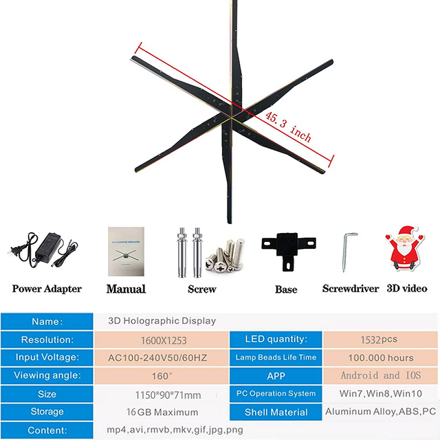 45.27Inch/ 115cm HD 6 Blades LED 3D Hologram Advertising Fan Display Equipment 3D Indoor Hologram Fan
